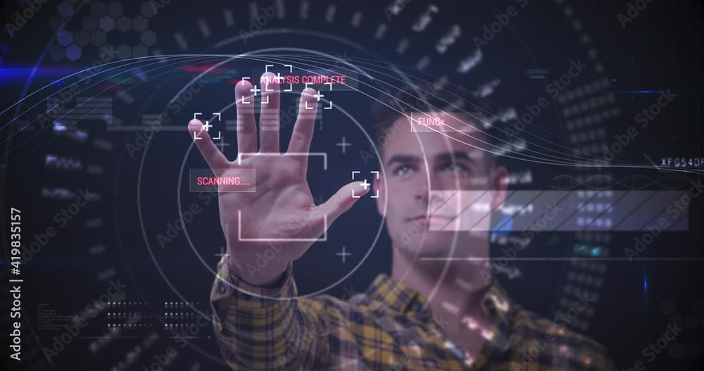 Poster animation of man touching interactive screen with data processing and scope scanning