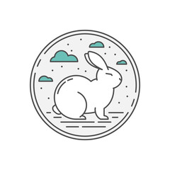 Simple Linear Easter icon of White Cute Rabbit with light blue Clouds in Line Art Style 