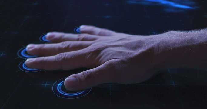 Animation of man's hand touching interactive screen reading fingerprints and data processing