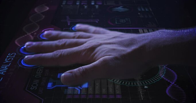 Animation of man's hand touching interactive screen reading fingerprints and medical data processing