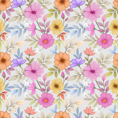 Seamless retro floral pattern, cute flowers, and leaves on a grey background.