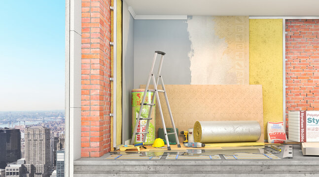 3d render of room construction process with layered scheme of walls 3d illustration