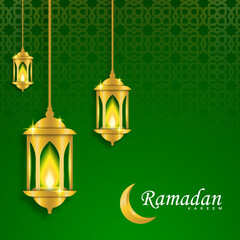Ramadan Kareem greeting card design with arabic lantern and islamic ornament background. Vector illustration