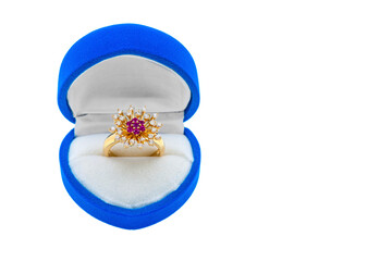 Blue heart shaped gift box for jewelry. Isolated on white background.