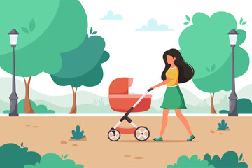 Woman walking with baby carriage in city park. Outdoor activity. Vector illustration.