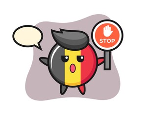 Belgium flag badge character illustration holding a stop sign