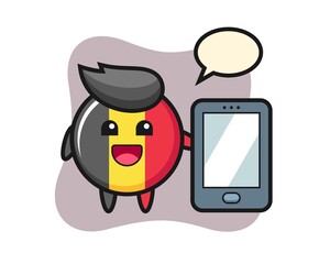 Belgium flag badge illustration cartoon holding a smartphone