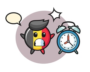 Belgium flag badge mascot illustration is surprised with a giant alarm clock