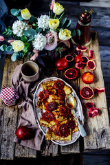 crepe suzette with bloody oranges .selective focus.