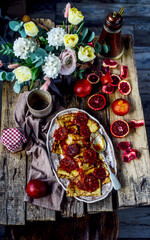 crepe suzette with bloody oranges .selective focus.