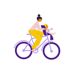 Mother rides bike with her child who sits in child sit in front of her on a handlebar. Flat vector illustration