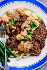 Meatloaf stroganoff with pasta.selective focus..style rustic