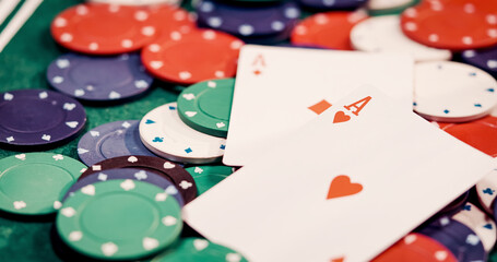 Close up of poker cards pocket rockets two aces on a heap of poker chips
