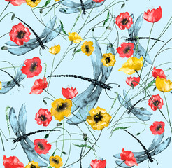 Fototapeta na wymiar Seamless watercolor background with, flowers, paint splash. Watercolor card with a picture of dragonfly,flower branch, red poppy, peony, sheet,floral pattern.Flower fragrance.Trendy vintage background