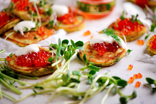 Potato Pancakes With Caviar.top View.style Rustic