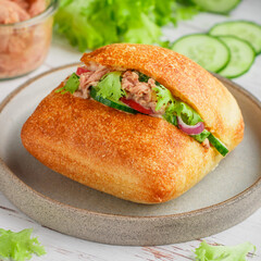 Delicious homemade sandwich with tuna, radish, cucumber, red onion and lettuce salad on a ciabatta bun. A healthy lunch or dinner for gourmets. Mediterranean cuisine. Selective focus, square image