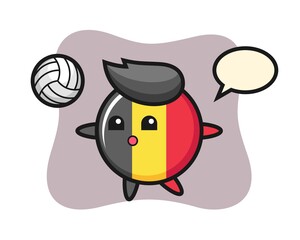 Character cartoon of belgium flag badge is playing volleyball