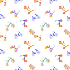 Cartoon kid bike seamless pattern for lifestyle design. Yellow, green, blue, purple kids bicycle.
