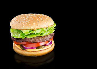 appetizing burger on a black background