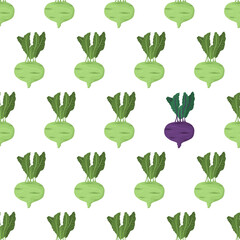 Cartoon seamless pattern for paper design with green kohlrabi root with green leaf. Eye catching element - purple vegetable.