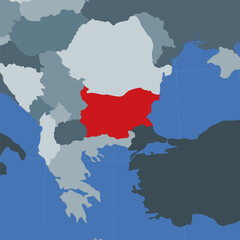 Obraz premium Shape of Bulgaria in the context of neighboring countries. Country highlighted with red color on world map. Bulgaria map template. Vector illustration.