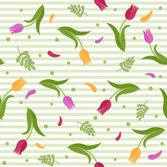 pattern of tulips on a white background with stripes, color vector illustration