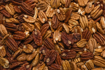 Tasty pecan-nut background. Top view.