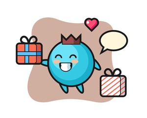 Blueberry mascot cartoon giving the gift