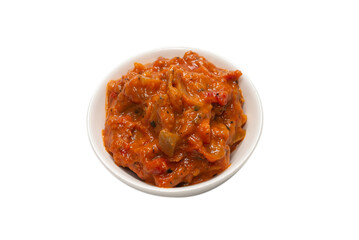 Vegetable stew in a bowl isolated on white background.