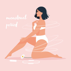 Menstruation theme. Feminine hygiene. Happy young woman in lingerie in the menstrual period. Vector illustration