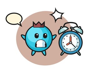 Cartoon illustration of blueberry is surprised with a giant alarm clock