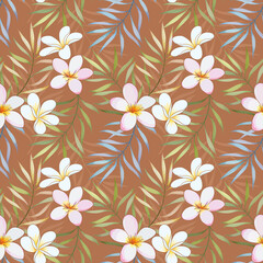 Colorful hand drawn flower seamless pattern for fabric textile wallpaper. white flowers, and leaves on a brown background.