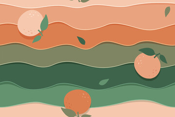 seamless vector background oranges in waves, repeating lines and fruits with leaves, abstract illustration with citruses