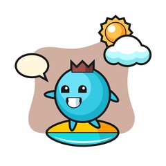 Illustration of blueberry cartoon do surfing on the beach