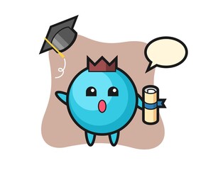 Illustration of blueberry cartoon throwing the hat at graduation