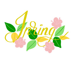 Spring hand drawn lettering with leaves and pink flowers