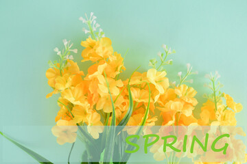 Small branches of yellow flower. Spring, copy space. Light background.