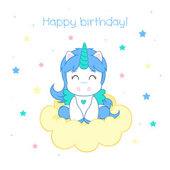 Lovely little unicorn on the cloud - Happy birthday my little unicorn - White background - Suitable for decorations, nursery print, party invitations or greeting cards