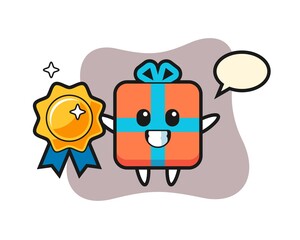 Gift box mascot illustration holding a golden badge