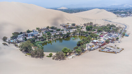 View of the Huacachina oasis in Ica, Peru.