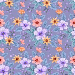 Fototapeta na wymiar Cute hand drawn flower seamless pattern for fabric textile wallpaper. Pink flowers, and leaves on a purple background.