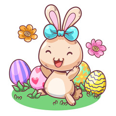 Vector cartoon illustration of Cute little rabbit with easter eggs on the meadow, easter theme. They are great for decoration or as part of a design.