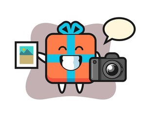 Character illustration of gift box as a photographer