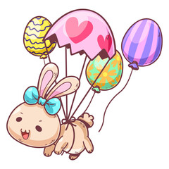 Vector cartoon illustration of Cute little bunny floating with balloons, easter theme. They are great for decoration or as part of a design.