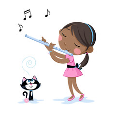 Kids and music - Little black girl playing flute - Multicultural