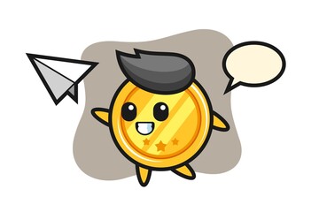 Medal cartoon character throwing paper airplane