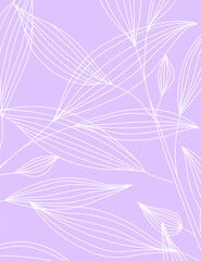 Fototapeta na wymiar Vertical template with large violet outline leaves in line art on a dark background. Design of covers of notebooks, albums, poster