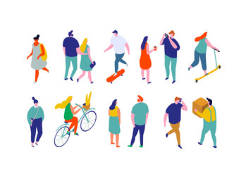 Different isometric cartoon people isolated on white. Men and women outdoor activity vector set. No face simple design