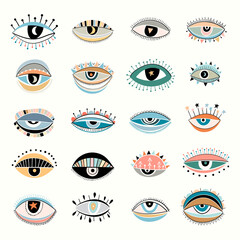 Colorful boho eyes collection isolated on white, modern design
