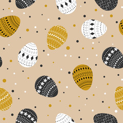 Seamless pattern with gold, black, white Easter eggs. Fully editable. Vector flat illustration